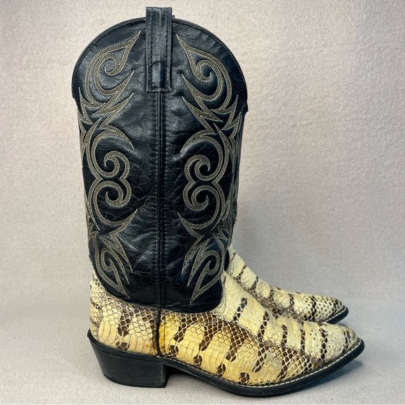 Vintage ACME Leather & Snakeskin Western Cowboy Boots-Black/Cream-Mens 9-Classic - Picture 2 of 12